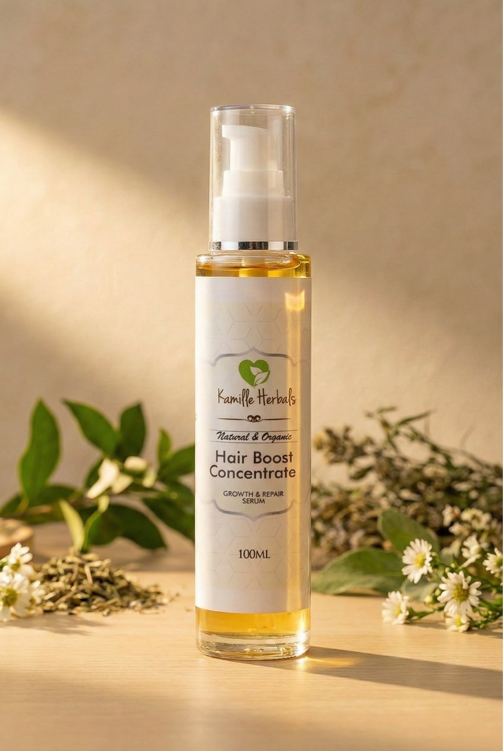 Hair boost concentrate bottle with natural elements on a wooden surface
