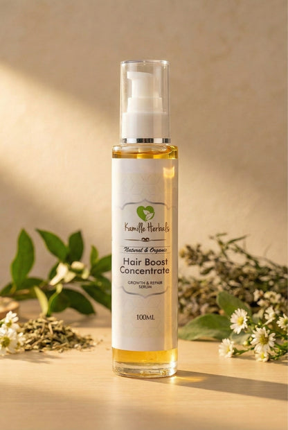 Hair boost concentrate bottle with natural elements on a wooden surface