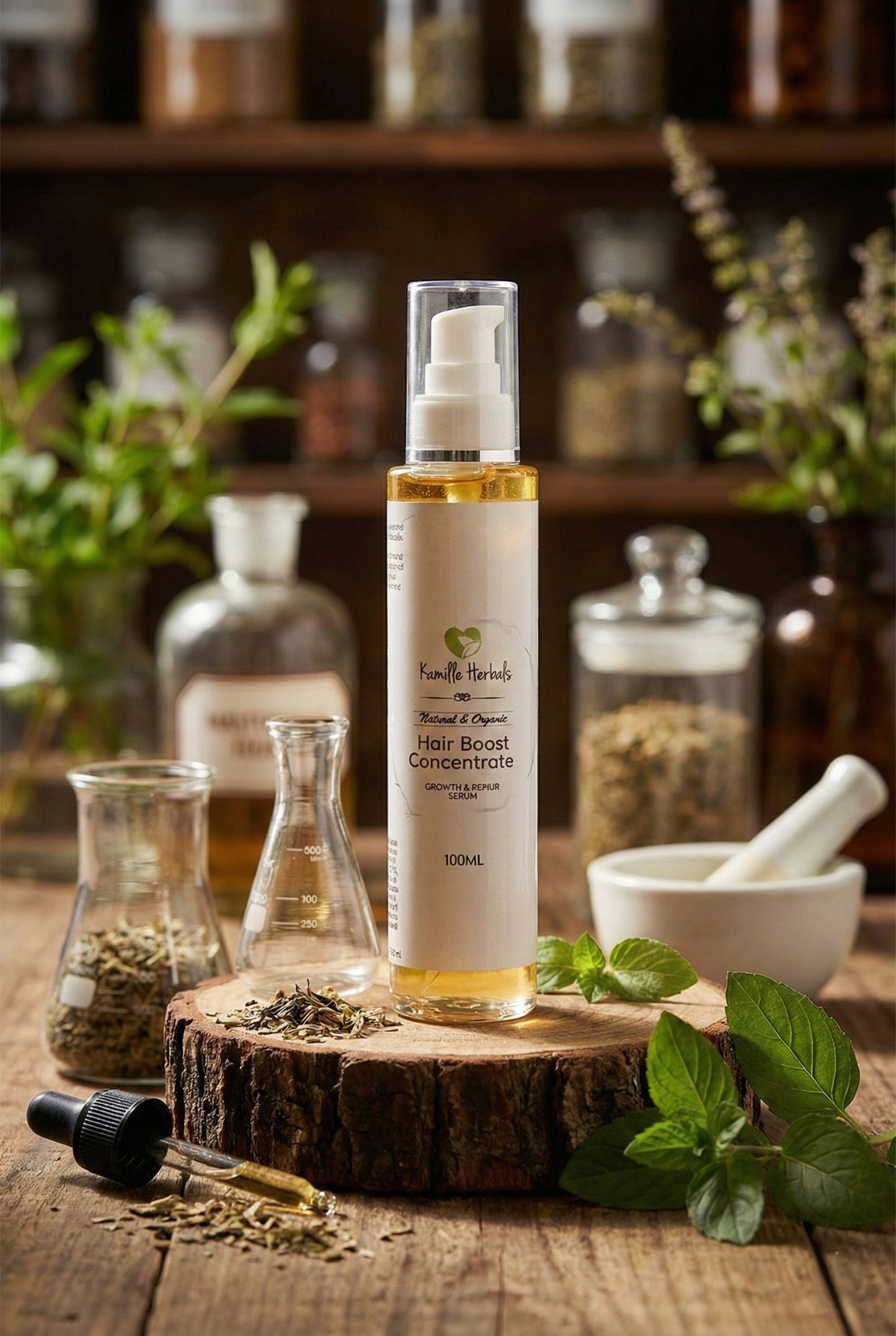 Hair boost concentrate bottle on a wooden surface with herbs and bottles in the background