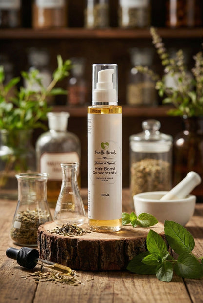 Hair boost concentrate bottle on a wooden surface with herbs and bottles in the background