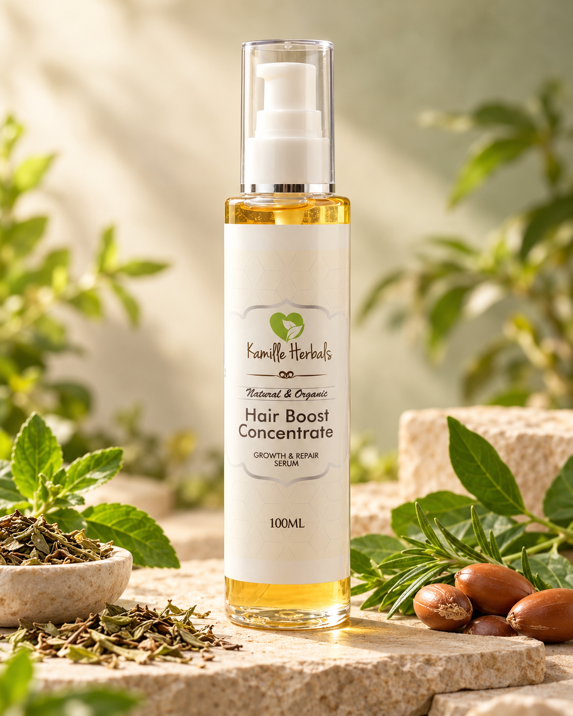 Hair Boost Concentrate 100 ml botanical scalp and hair oil in a warm botanical studio setting