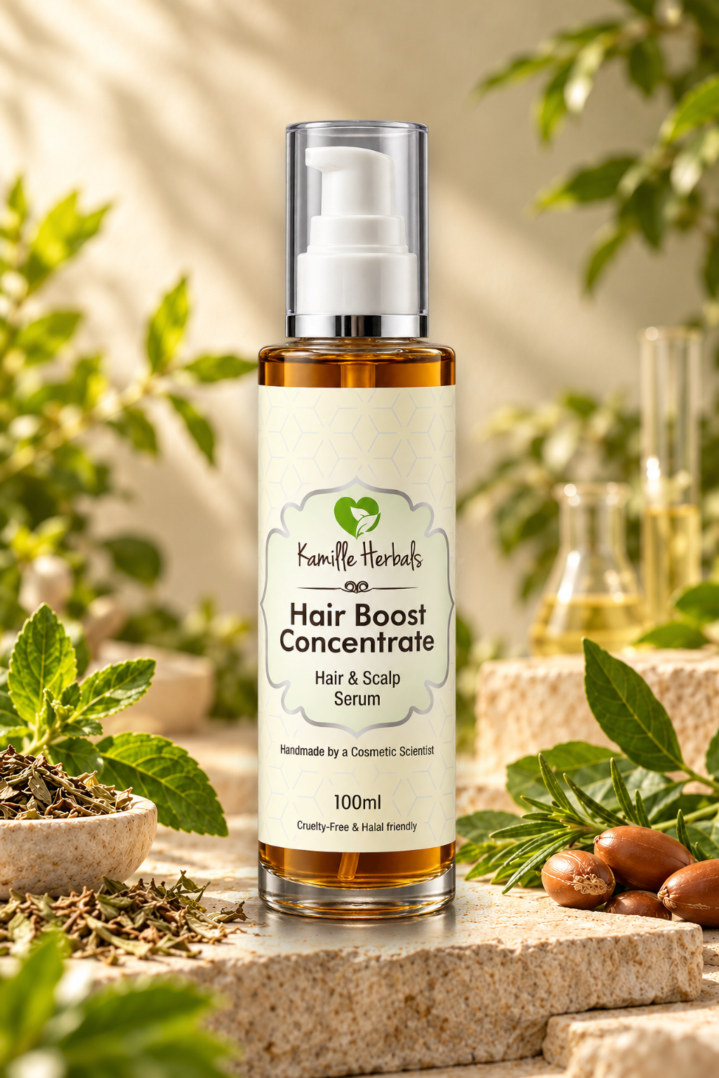 Hair Boost Concentrate 100 ml with updated label and darker amber botanical oil in a warm botanical setting