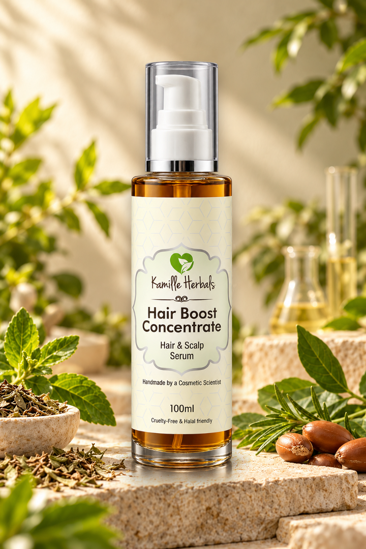 Hair Boost Concentrate 100 ml with updated label and darker amber botanical oil in a warm botanical setting