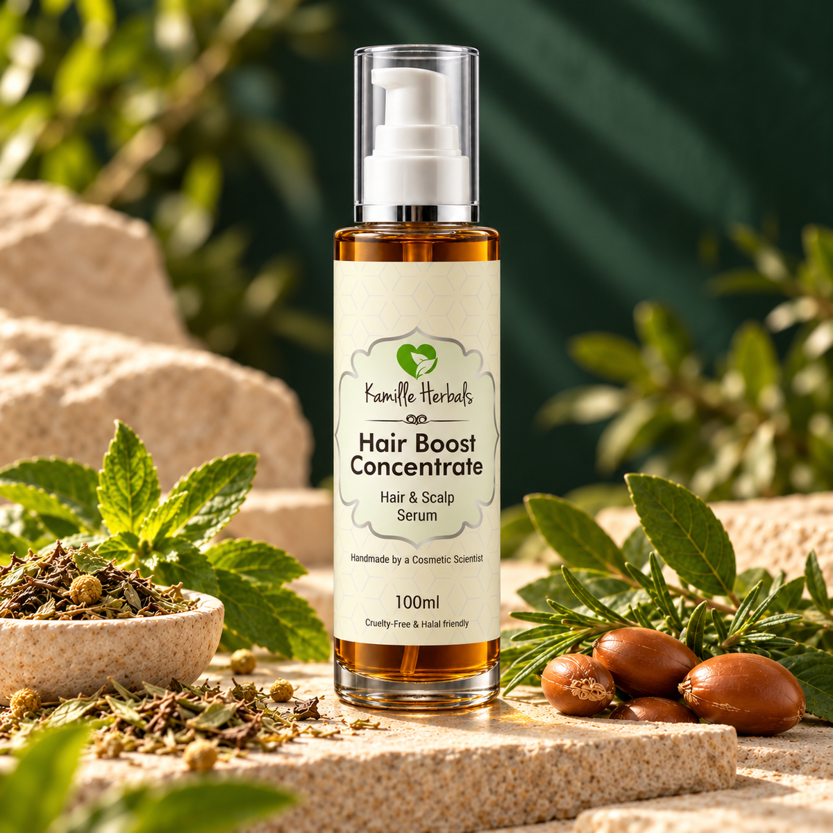 Kamille Herbals Hair Boost Concentrate 100 ml with updated label and darker amber botanical oil.