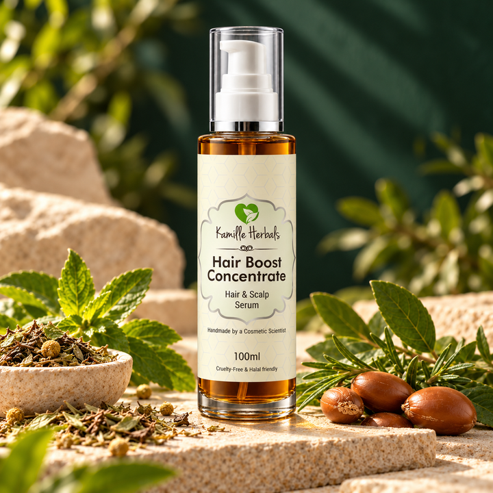 Kamille Herbals Hair Boost Concentrate 100 ml with updated label and darker amber botanical oil.