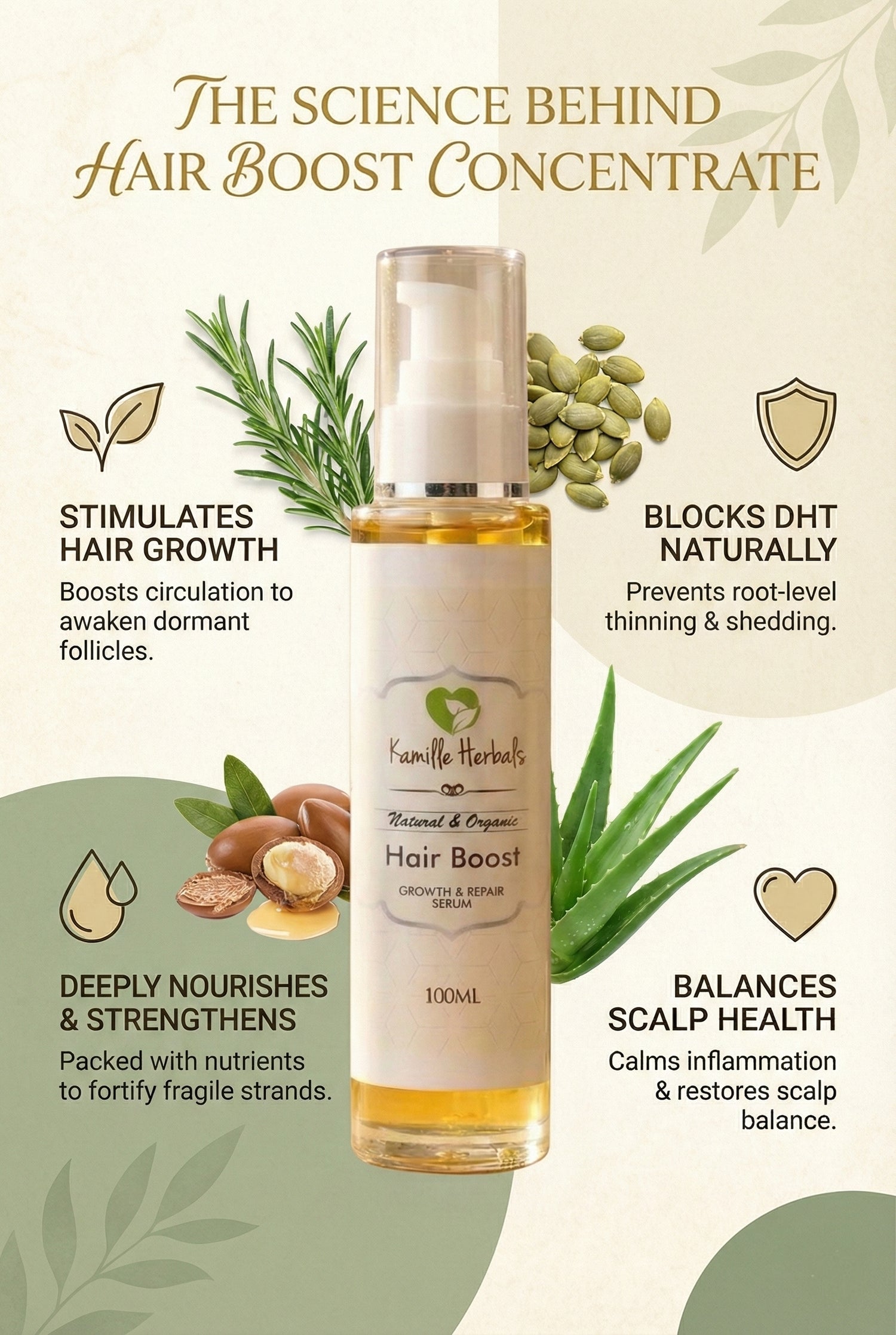 Hair boost concentrate bottle with benefits listed on a green background