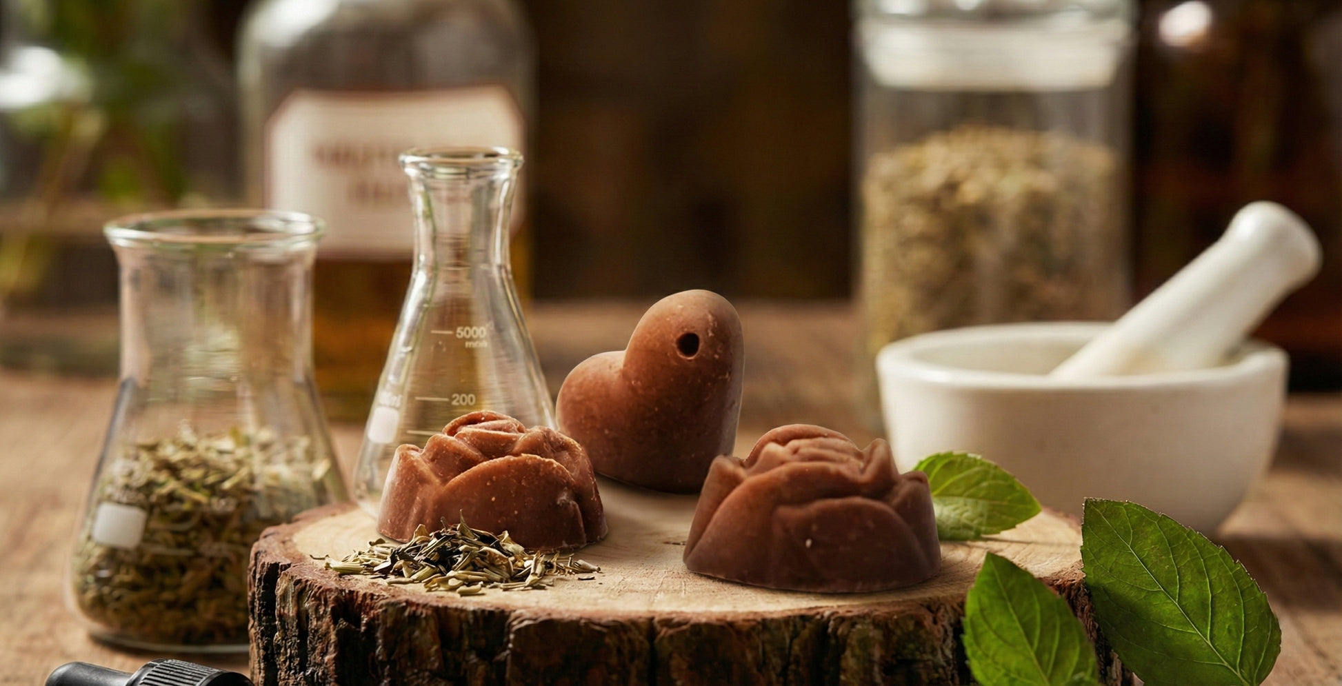 Chocolate & Rhassoul Clay Deep Nourishing Hair Mask on a wooden surface with blurred background