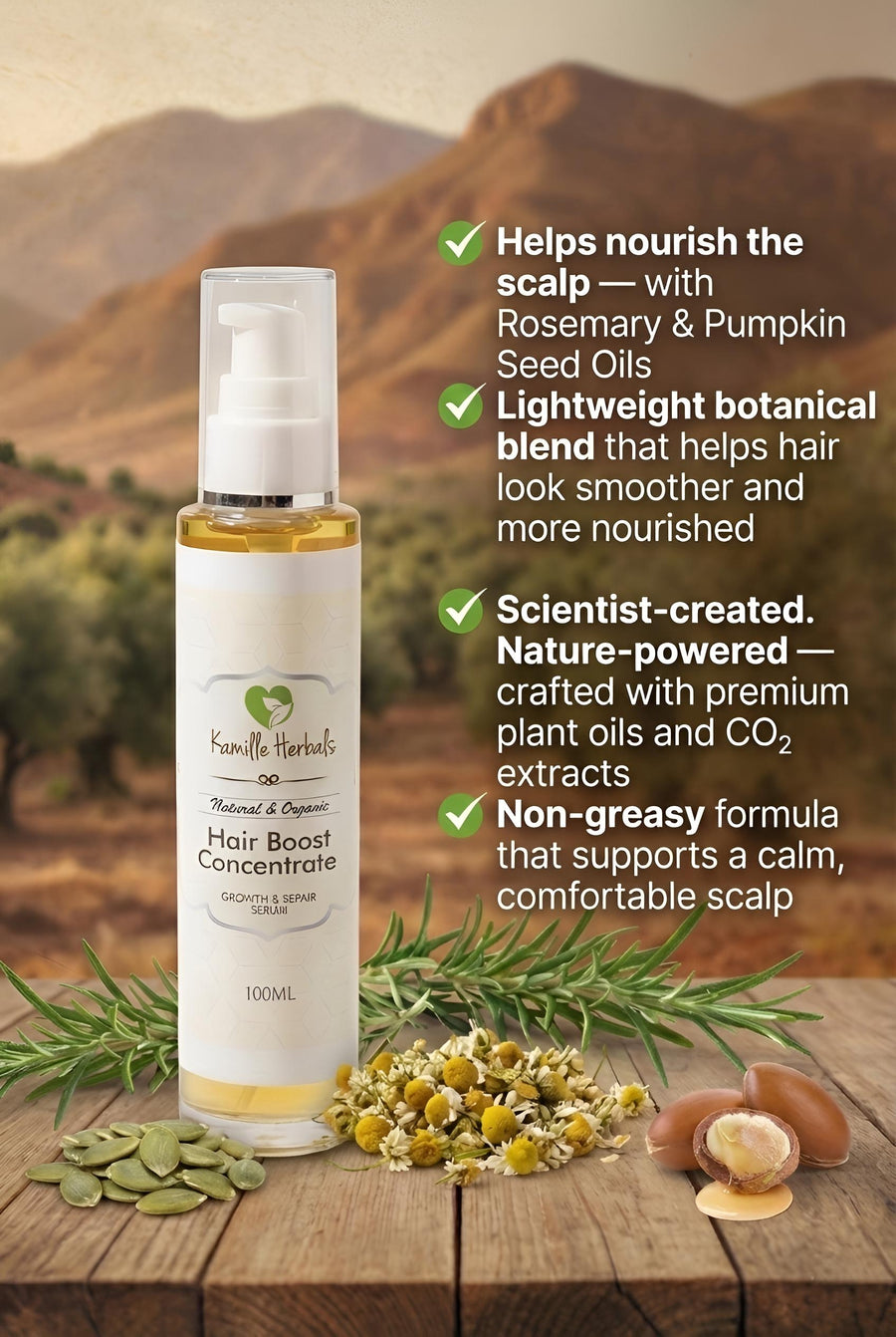 Hair boost concentrate bottle with natural ingredients on a wooden surface and mountain background