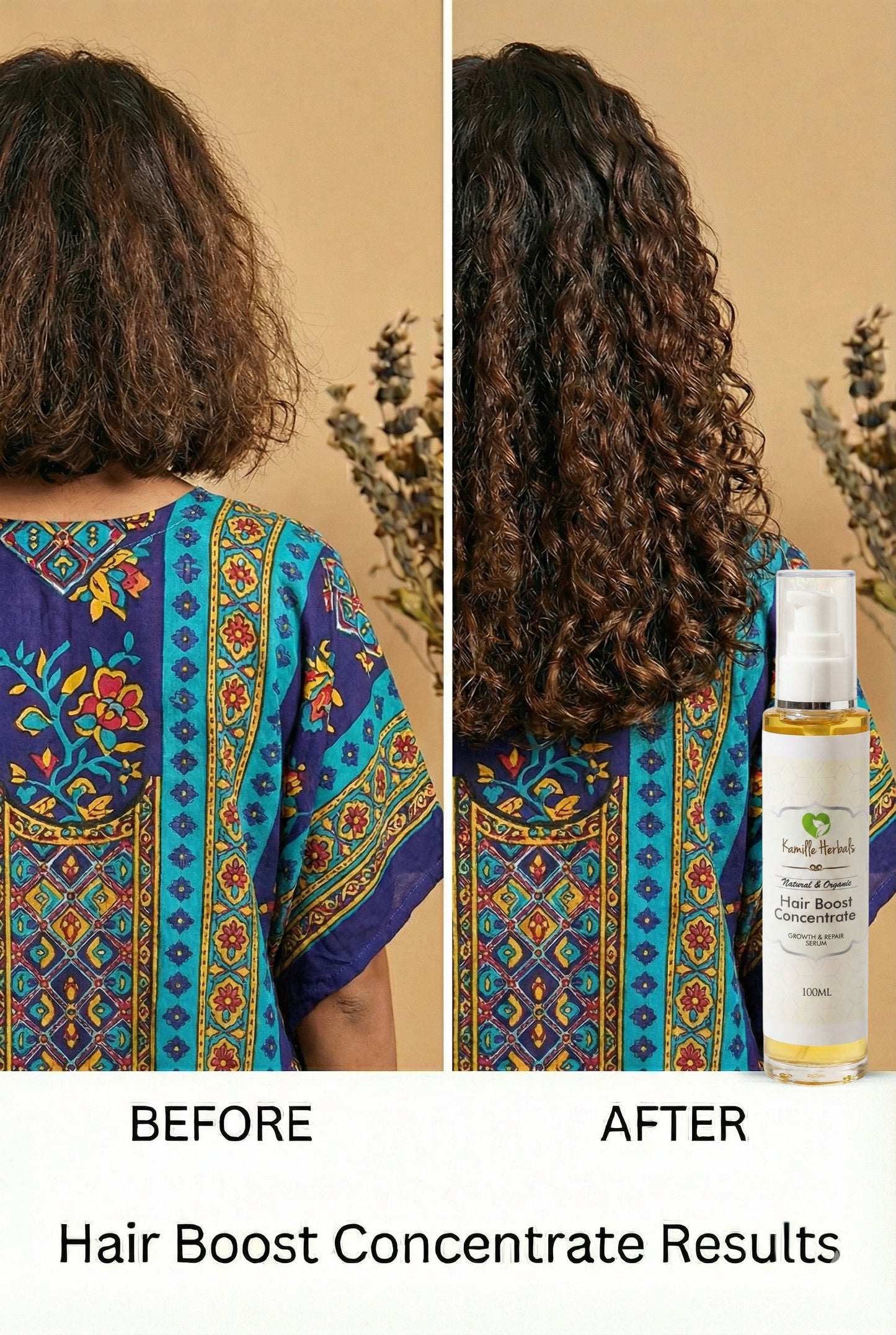 Before and after comparison of hair with a hair boost concentrate product.