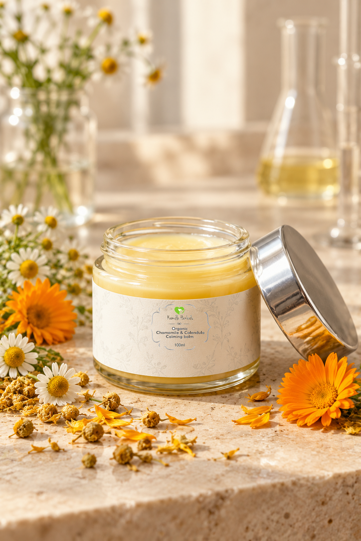 Organic Chamomile and Calendula Calming Balm 100ml jar with the updated label, silver lid, chamomile and calendula flowers.