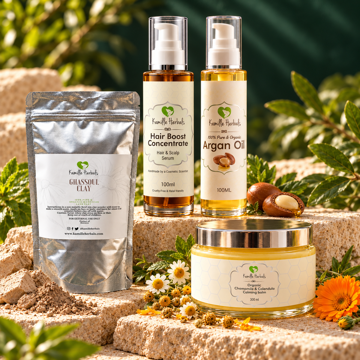 The Complete Kamille Ritual with Hair Boost, Argan Oil, Calming Balm and Ghassoul Clay on warm limestone.