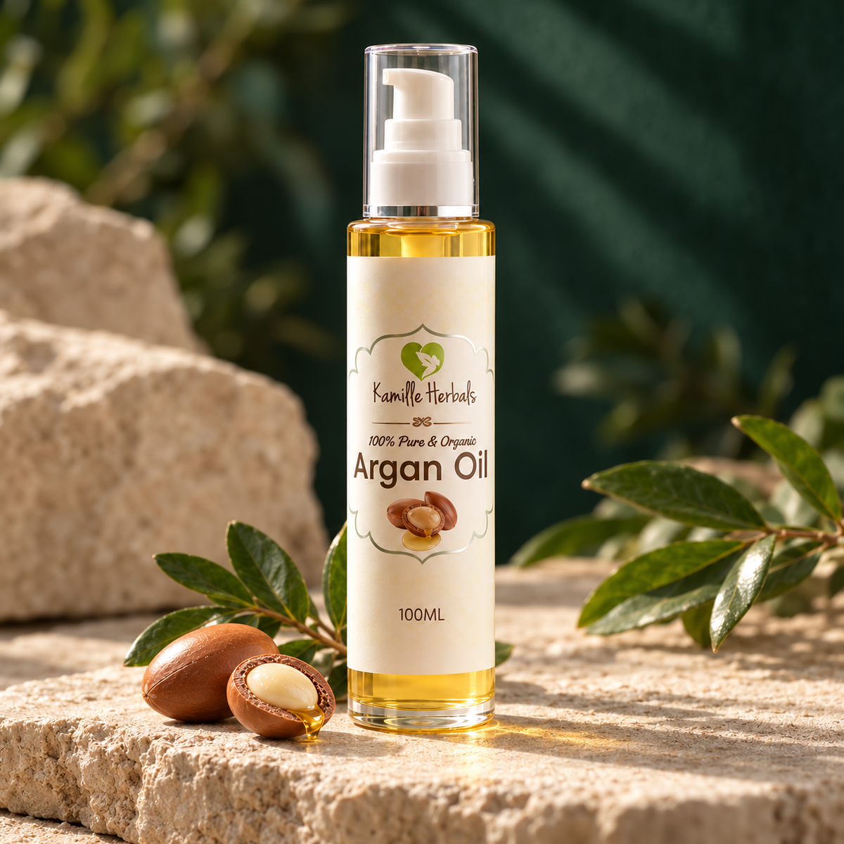 Kamille Herbals 100% Pure Organic Argan Oil bottle with argan nuts on warm stone