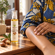 Kamille Herbals Argan Oil beside a woman gently smoothing oil onto her forearm